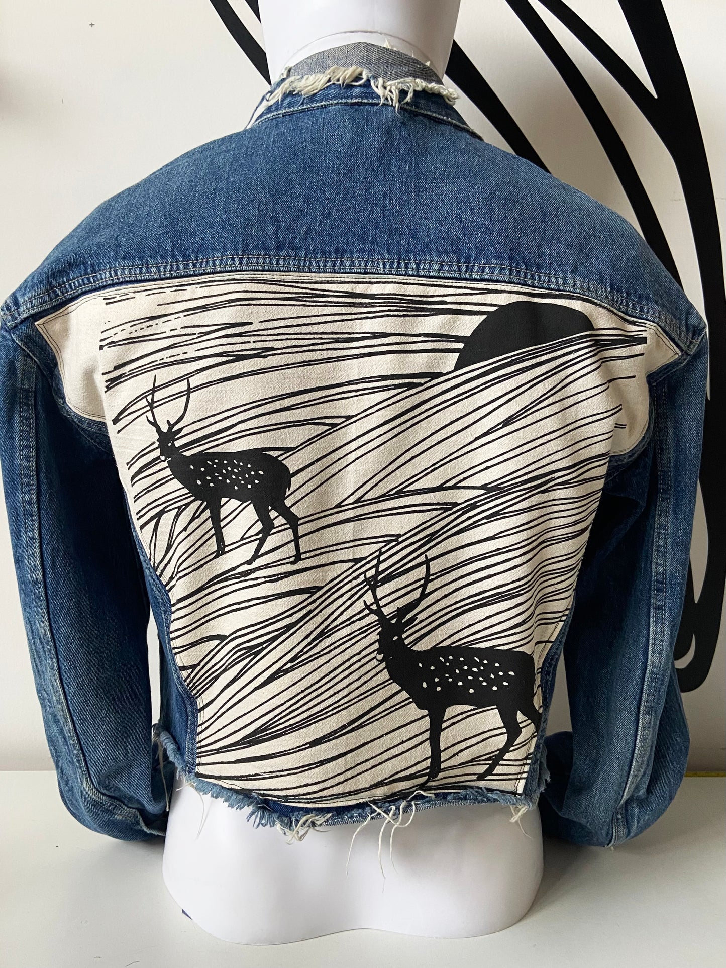 One of a Kind Upcycled Jean Jacket with Hand Printed Elk Sunset Organic Cotton Fabric
