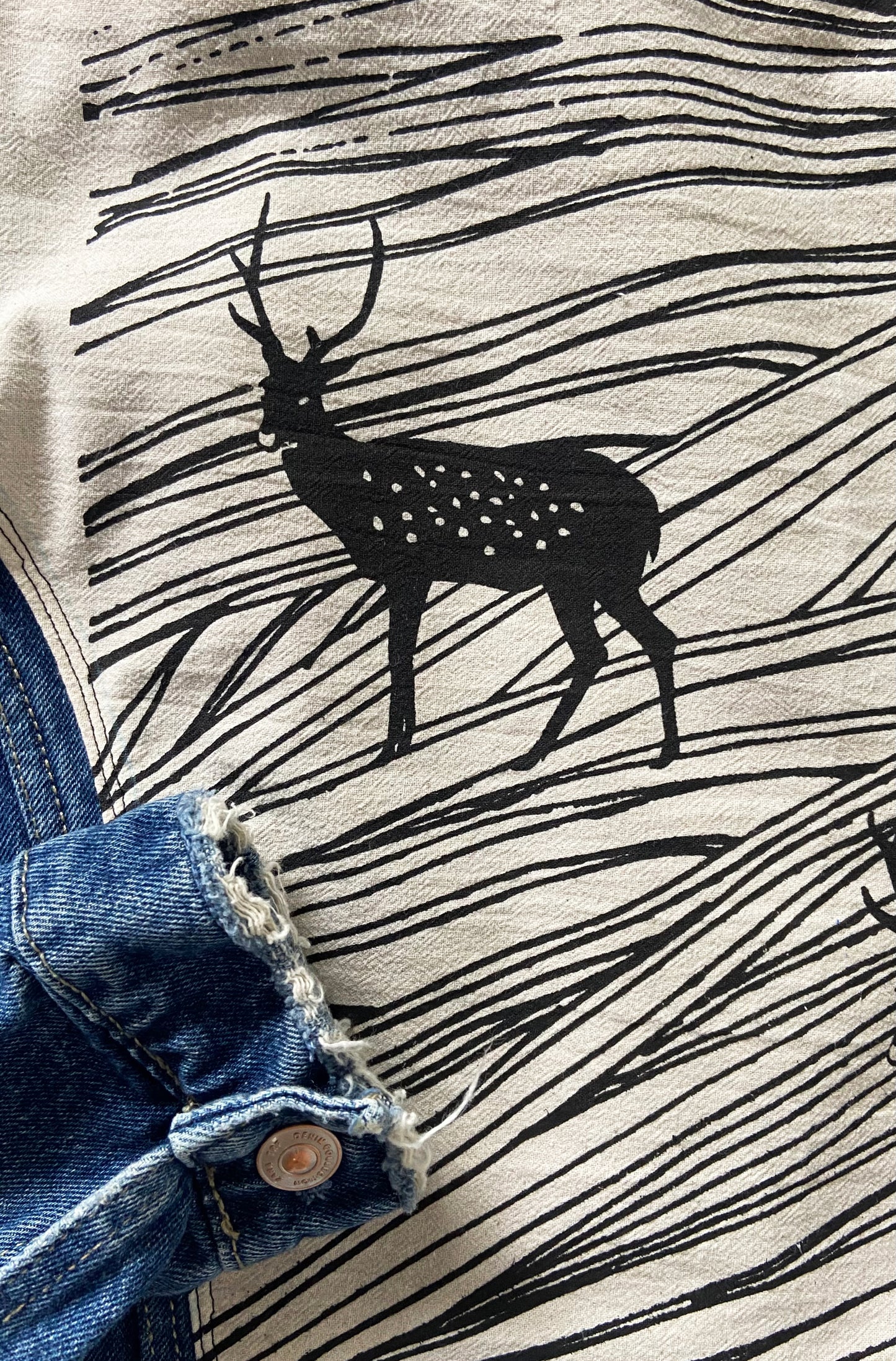 One of a Kind Upcycled Jean Jacket with Hand Printed Elk Sunset Organic Cotton Fabric