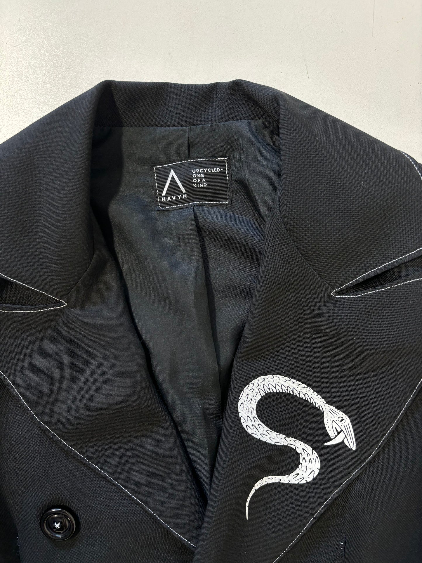 One of a Kind Hand Printed Snakes and Stitches Women's Suit Jacket