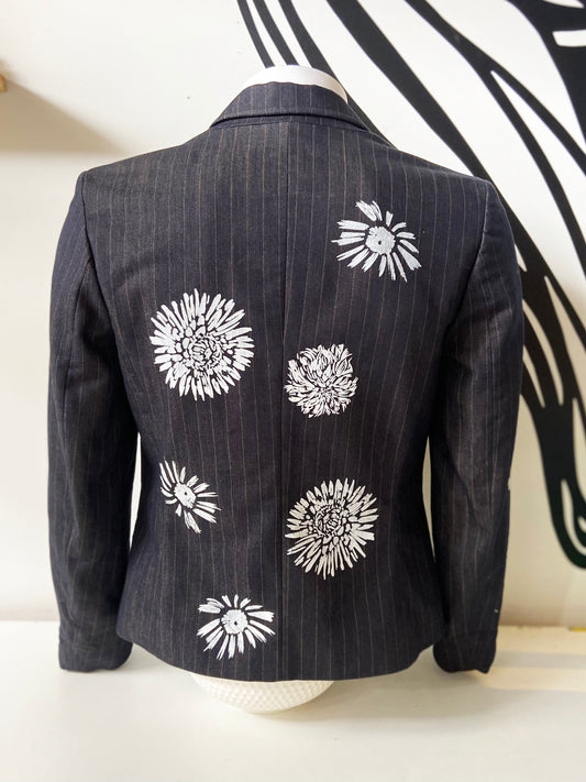 One of a Kind Hand Printed Flowers on Striped Blazer