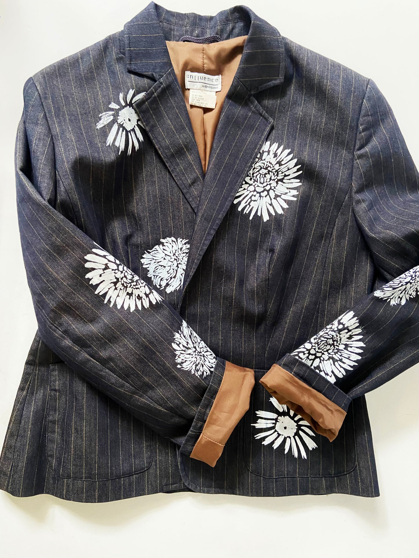 One of a Kind Hand Printed Flowers on Striped Blazer