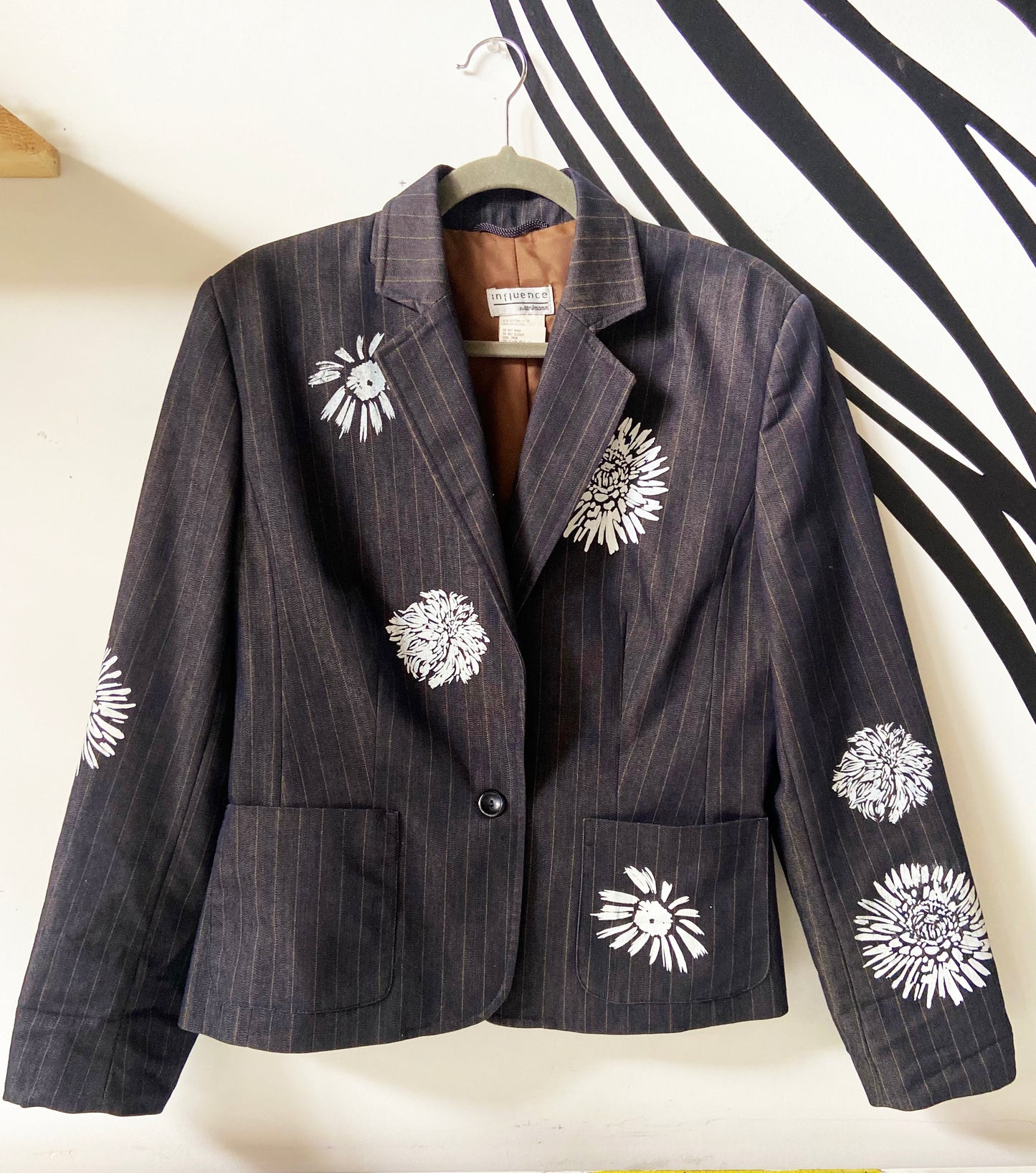 One of a Kind Hand Printed Flowers on Striped Blazer