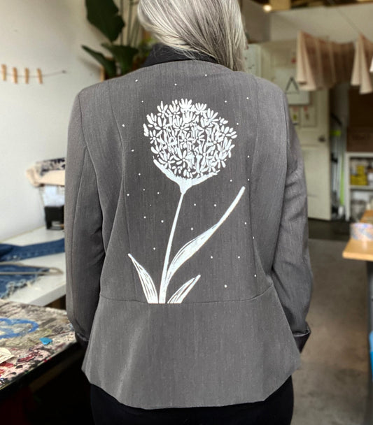 One of a Kind Upcycled Hand Printed Flower Back Women's Suit Jacket