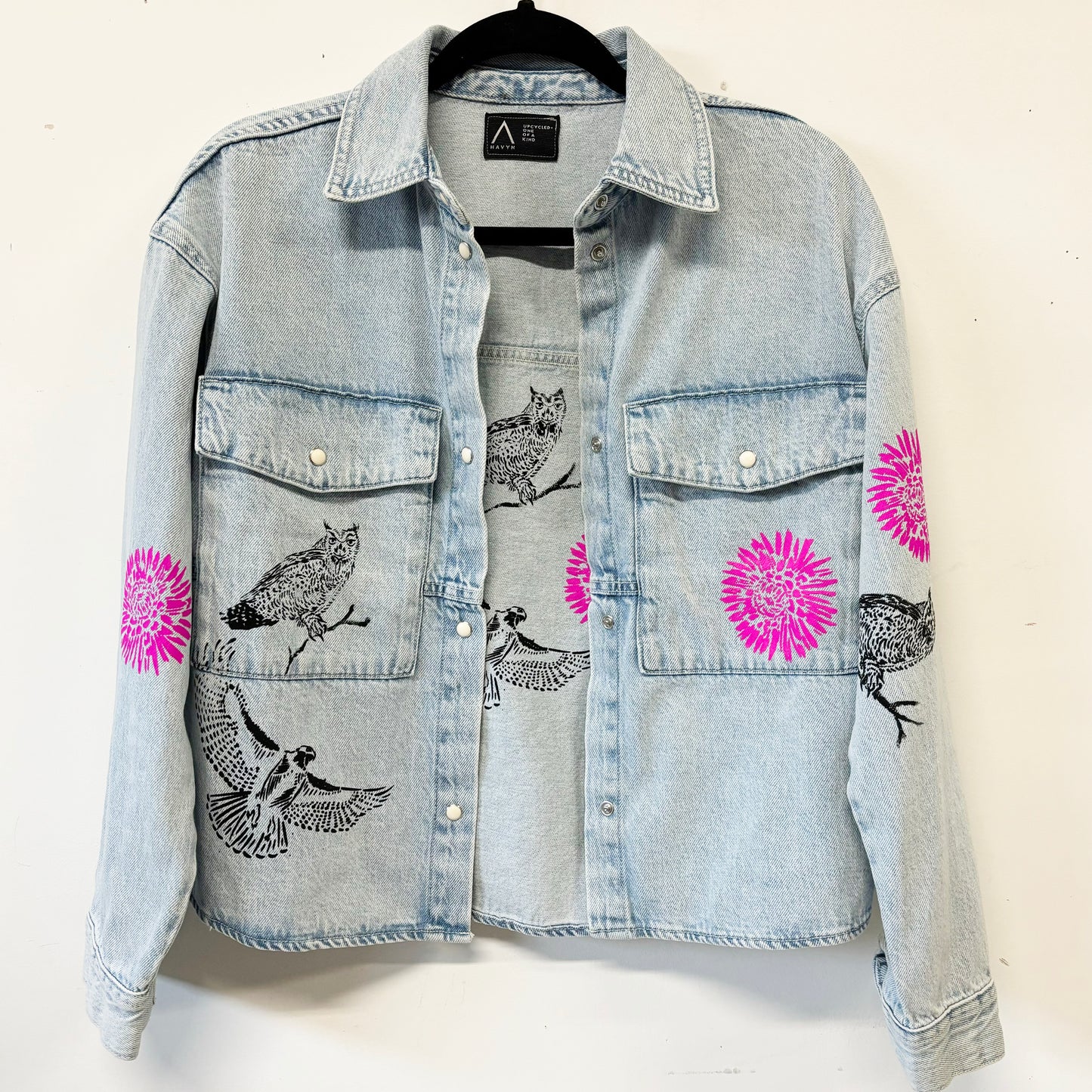 One of a Kind Upcycled Stone Wash Jean Jacket with Hand Printed Birds, Pink Flowers