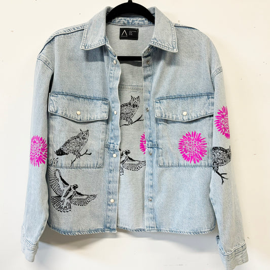 One of a Kind Upcycled Stone Wash Jean Jacket with Hand Printed Birds, Pink Flowers