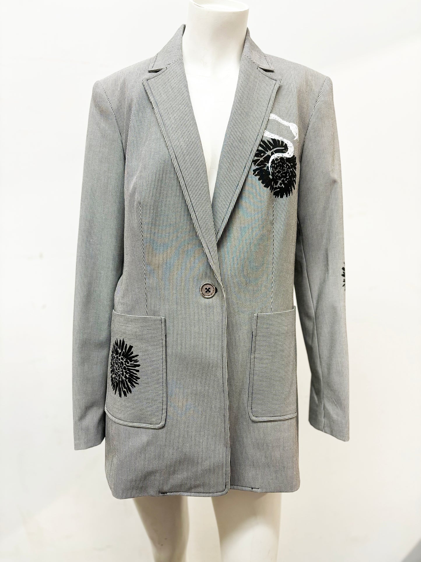 One of a Kind Upcycled Karl Lagerfeld Women's Suit Jacket with Hand Printed Flowers Snakes