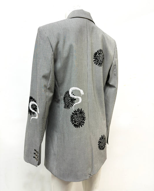 One of a Kind Upcycled Karl Lagerfeld Women's Suit Jacket with Hand Printed Flowers Snakes