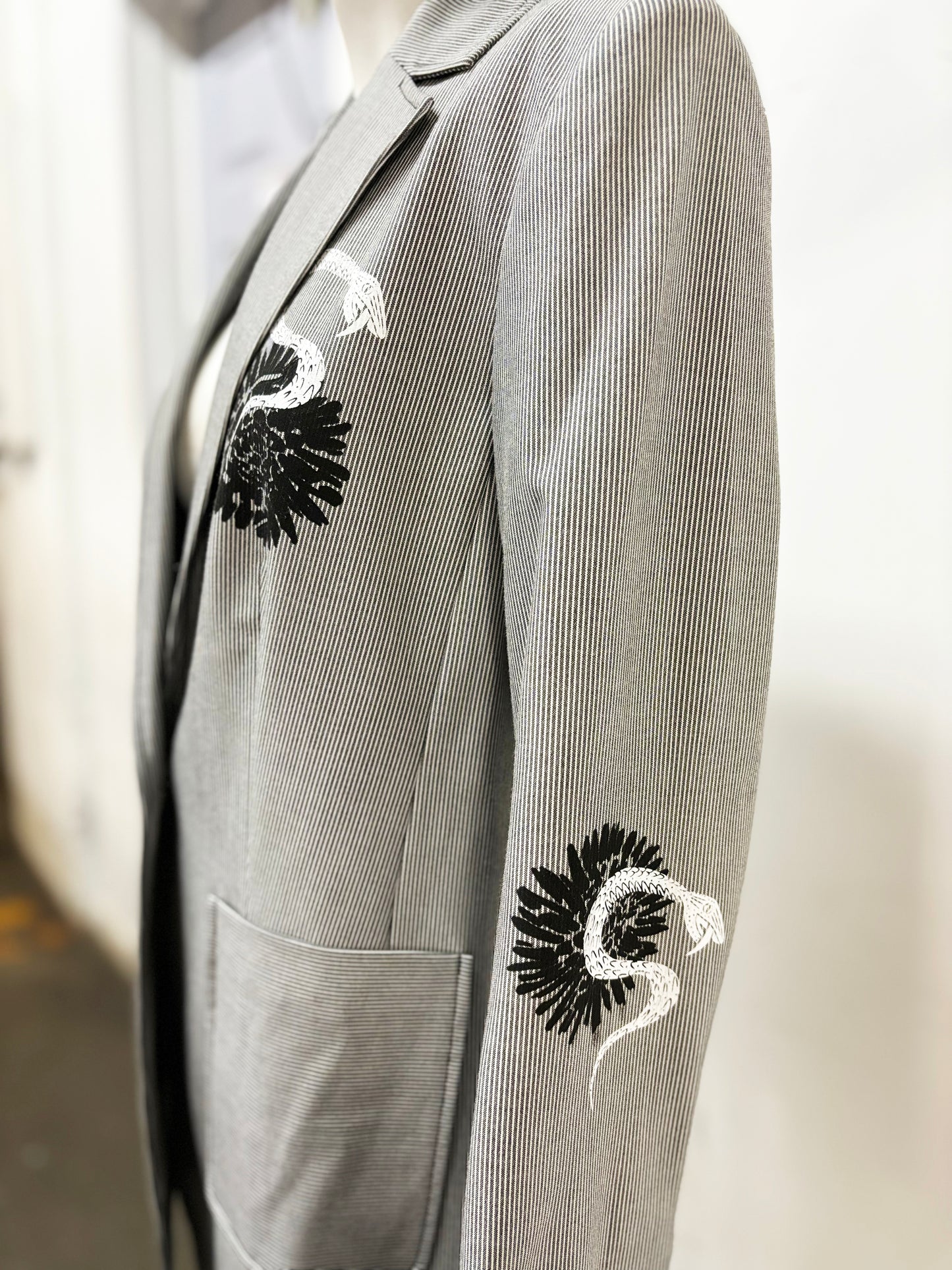 One of a Kind Upcycled Karl Lagerfeld Women's Suit Jacket with Hand Printed Flowers Snakes