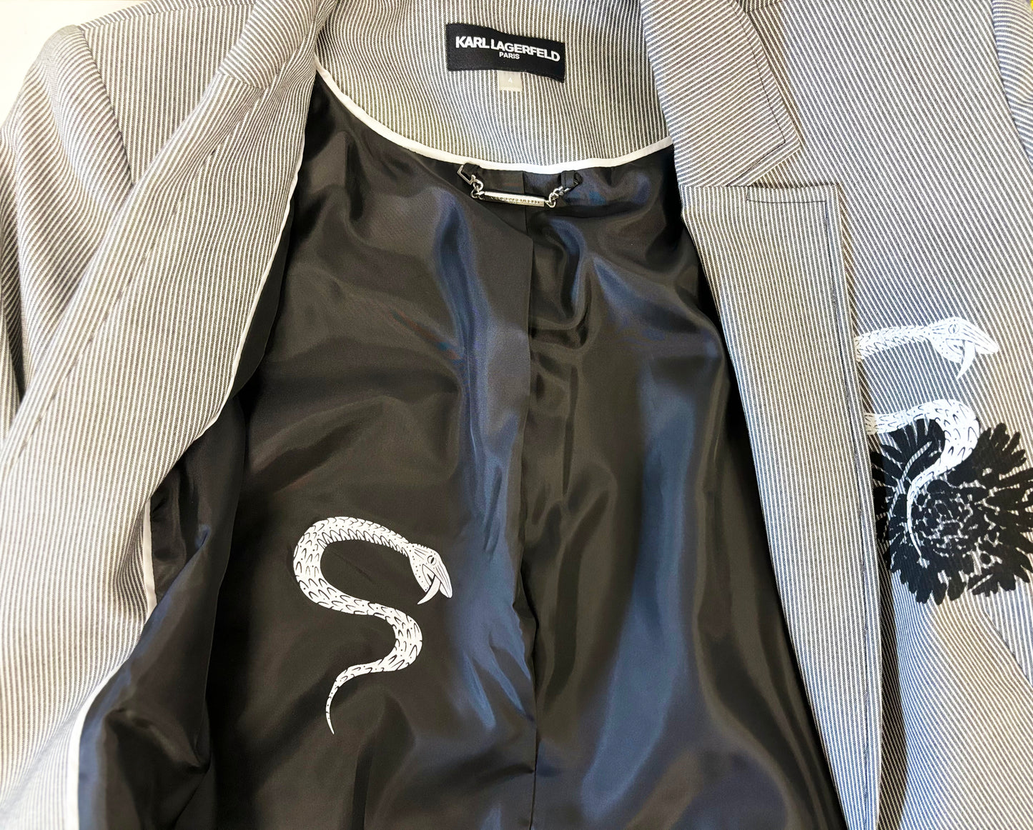 One of a Kind Upcycled Karl Lagerfeld Women's Suit Jacket with Hand Printed Flowers Snakes