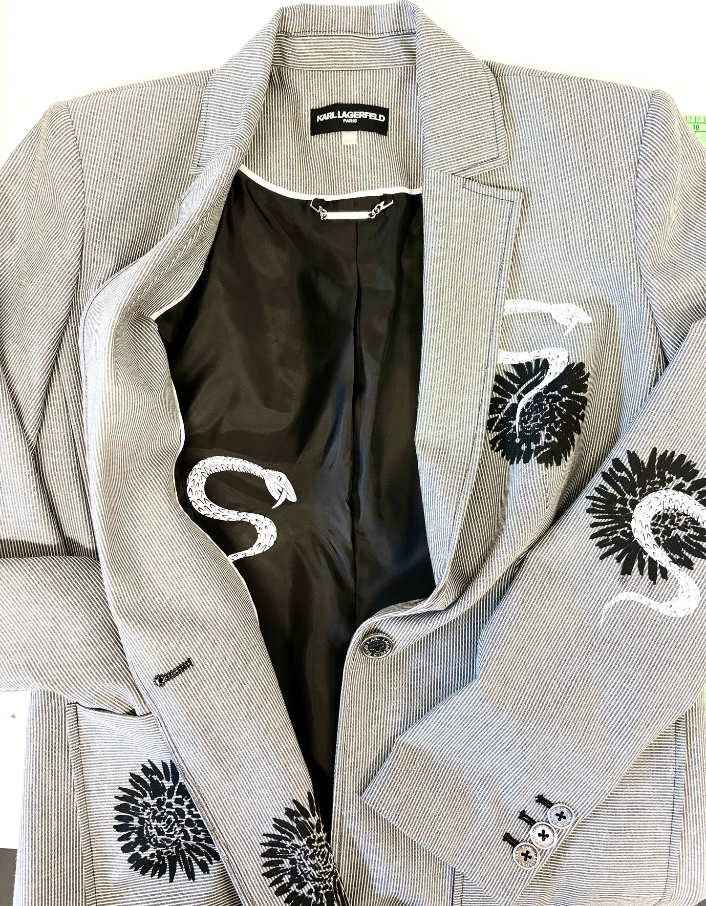 One of a Kind Upcycled Karl Lagerfeld Women's Suit Jacket with Hand Printed Flowers Snakes