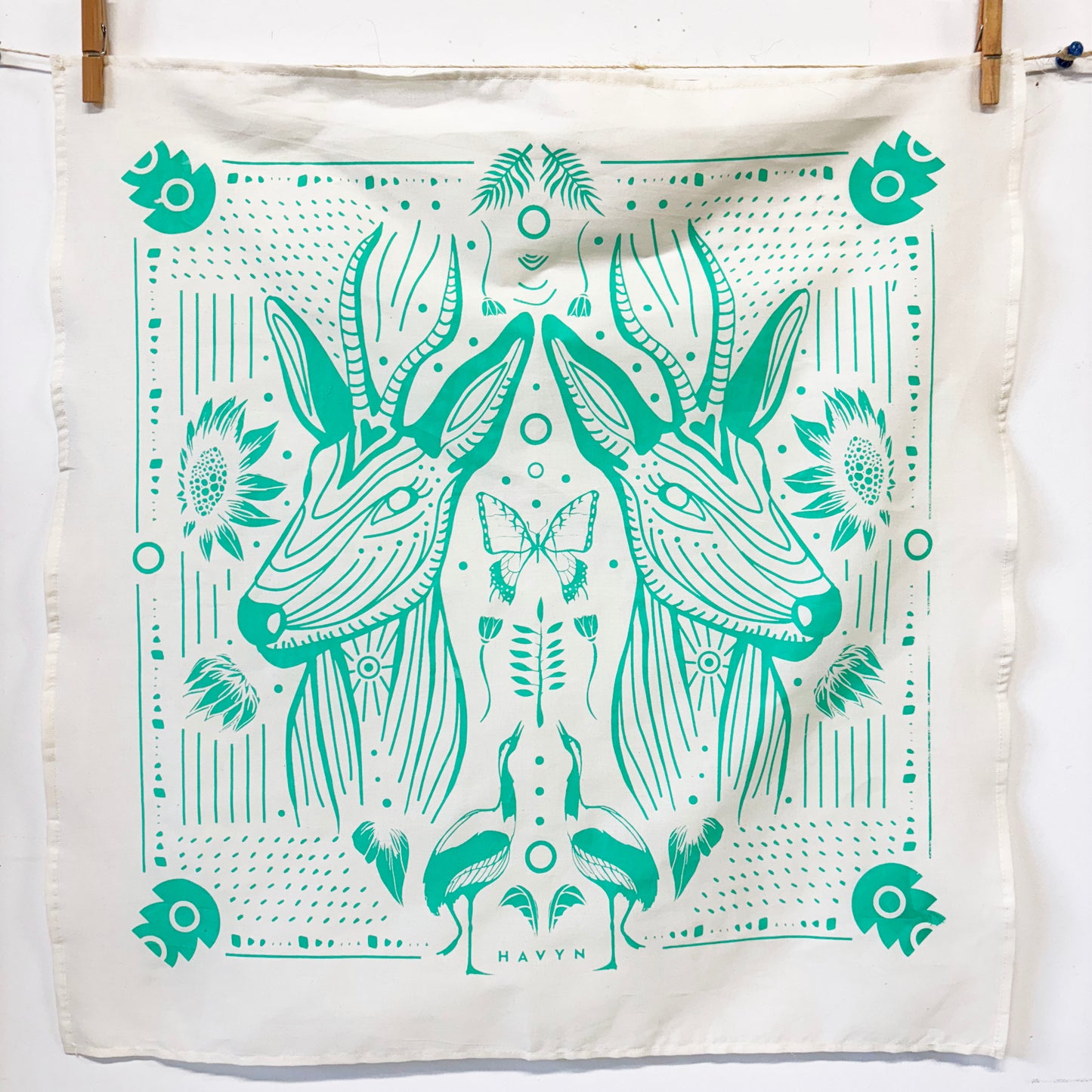 Gazelle Teal Bandana | 100% Cotton | Hand Screen Printed | 22 x22 inches | All-Over Print Bandana