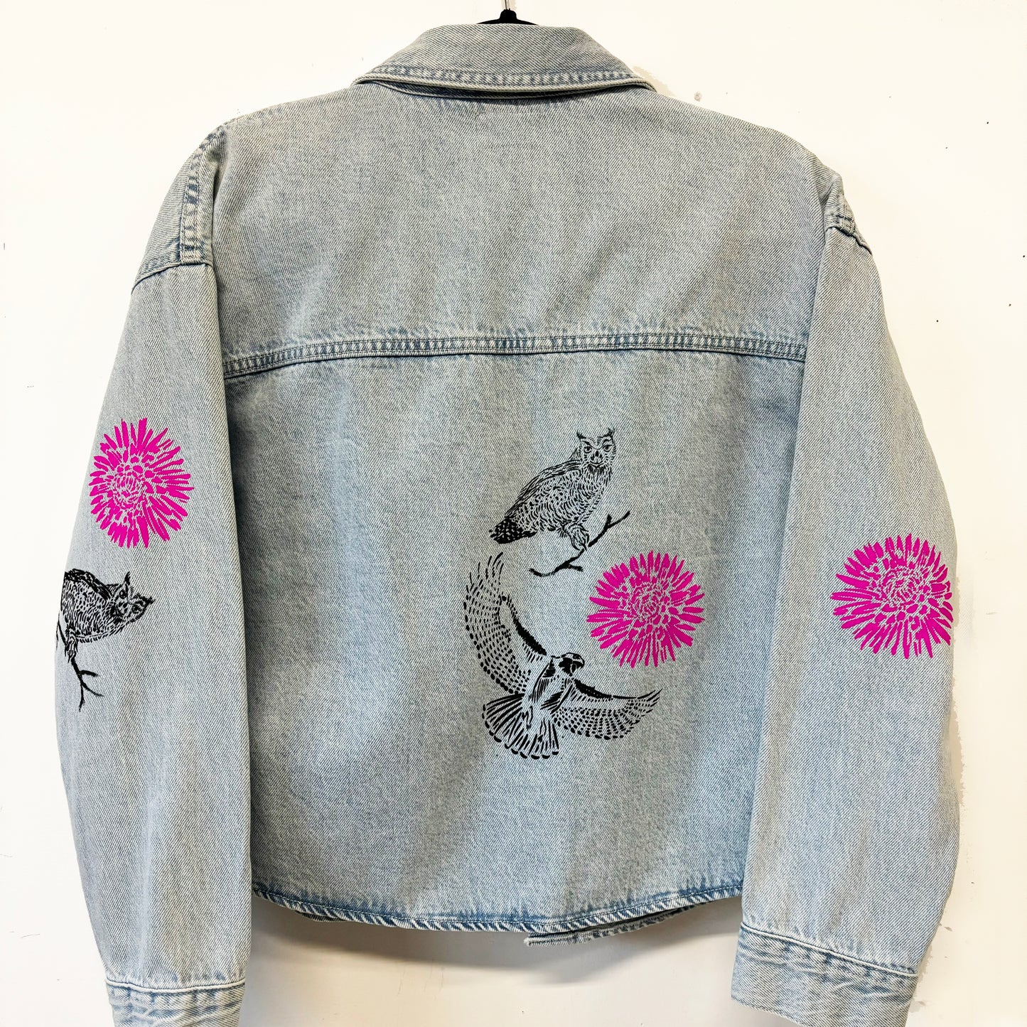One of a Kind Upcycled Stone Wash Jean Jacket with Hand Printed Birds, Pink Flowers