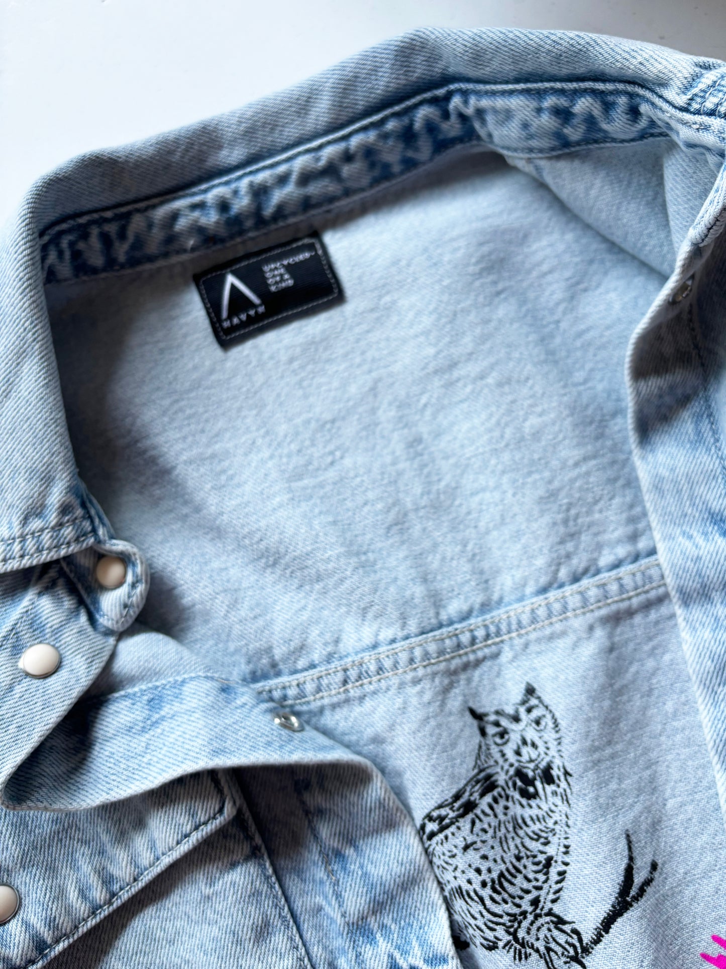 One of a Kind Upcycled Stone Wash Jean Jacket with Hand Printed Birds, Pink Flowers