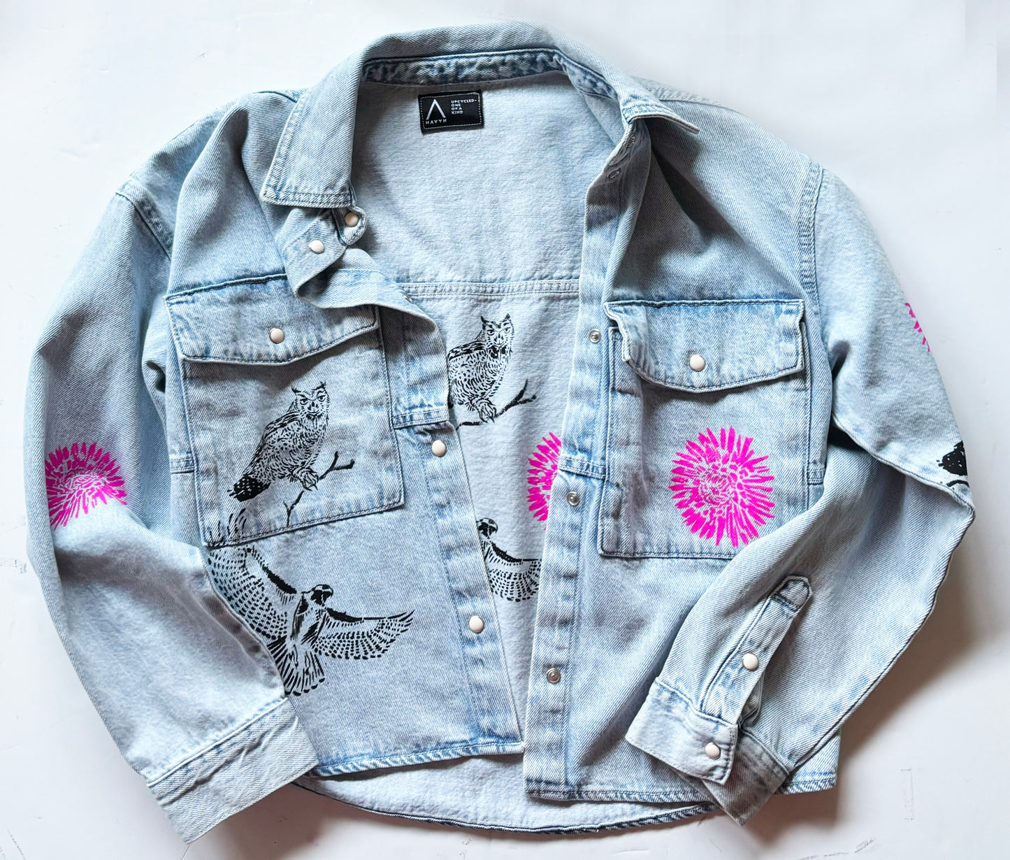 One of a Kind Upcycled Stone Wash Jean Jacket with Hand Printed Birds, Pink Flowers