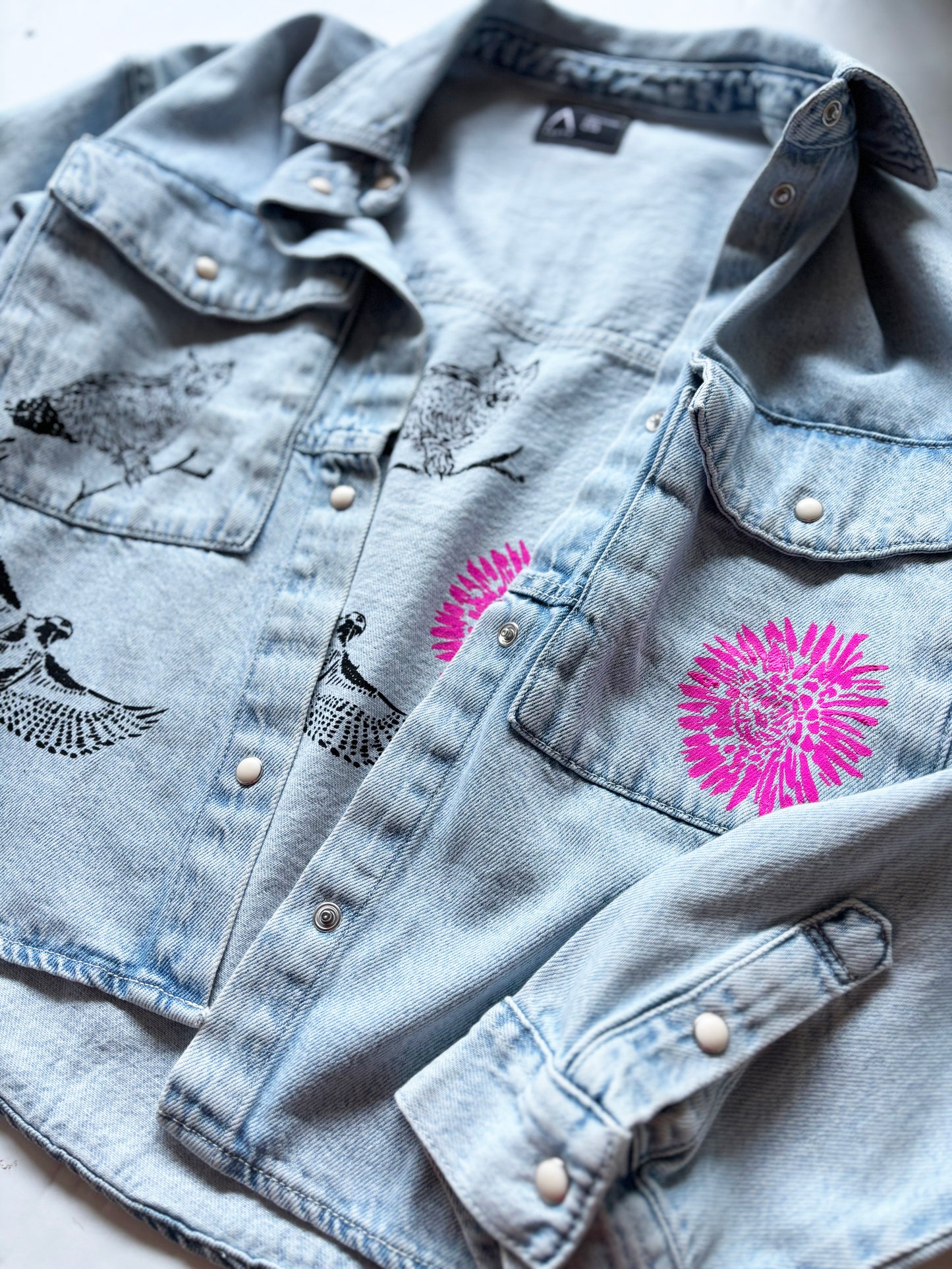 One of a Kind Upcycled Stone Wash Jean Jacket with Hand Printed Birds, Pink Flowers