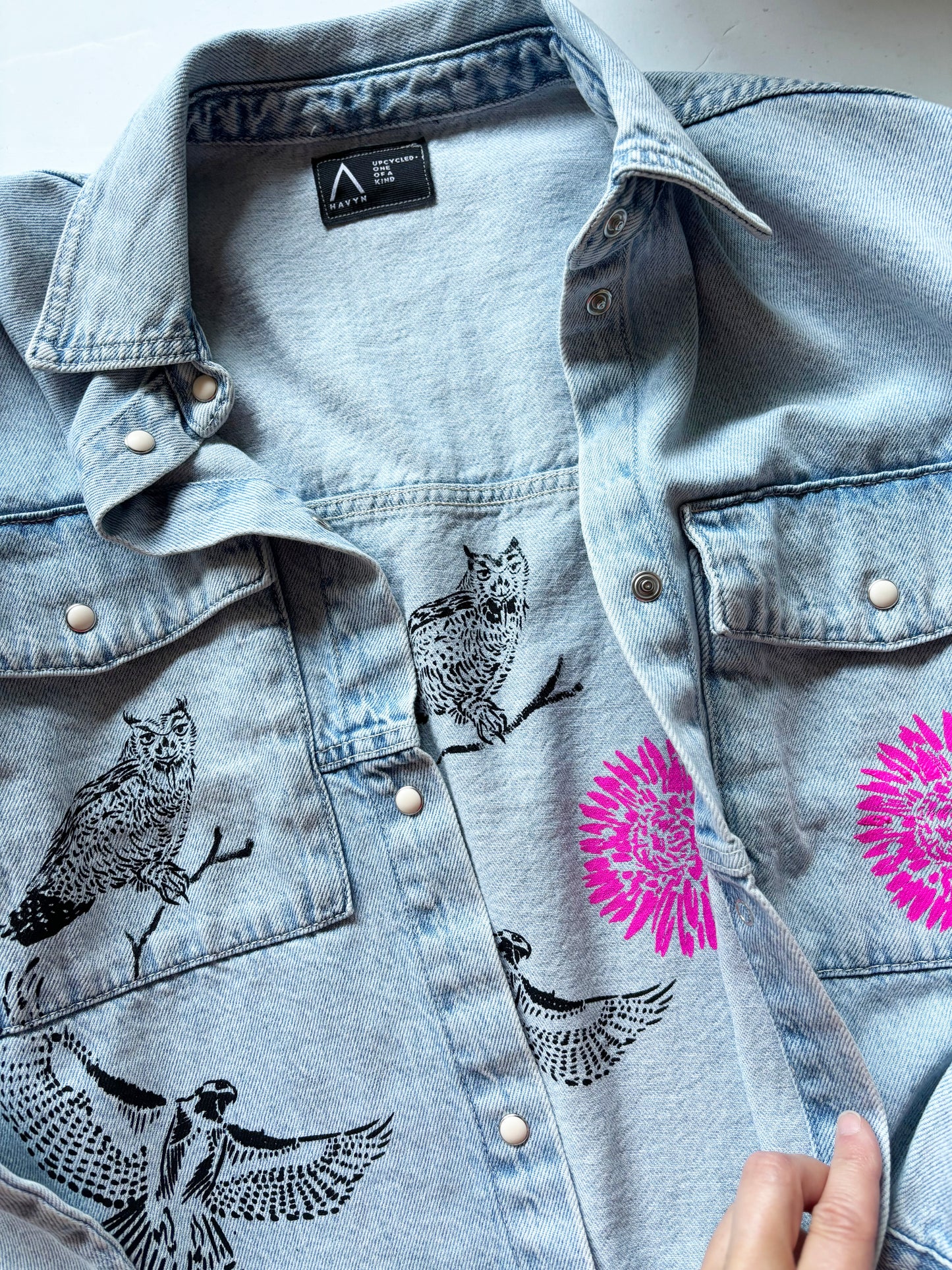 One of a Kind Upcycled Stone Wash Jean Jacket with Hand Printed Birds, Pink Flowers