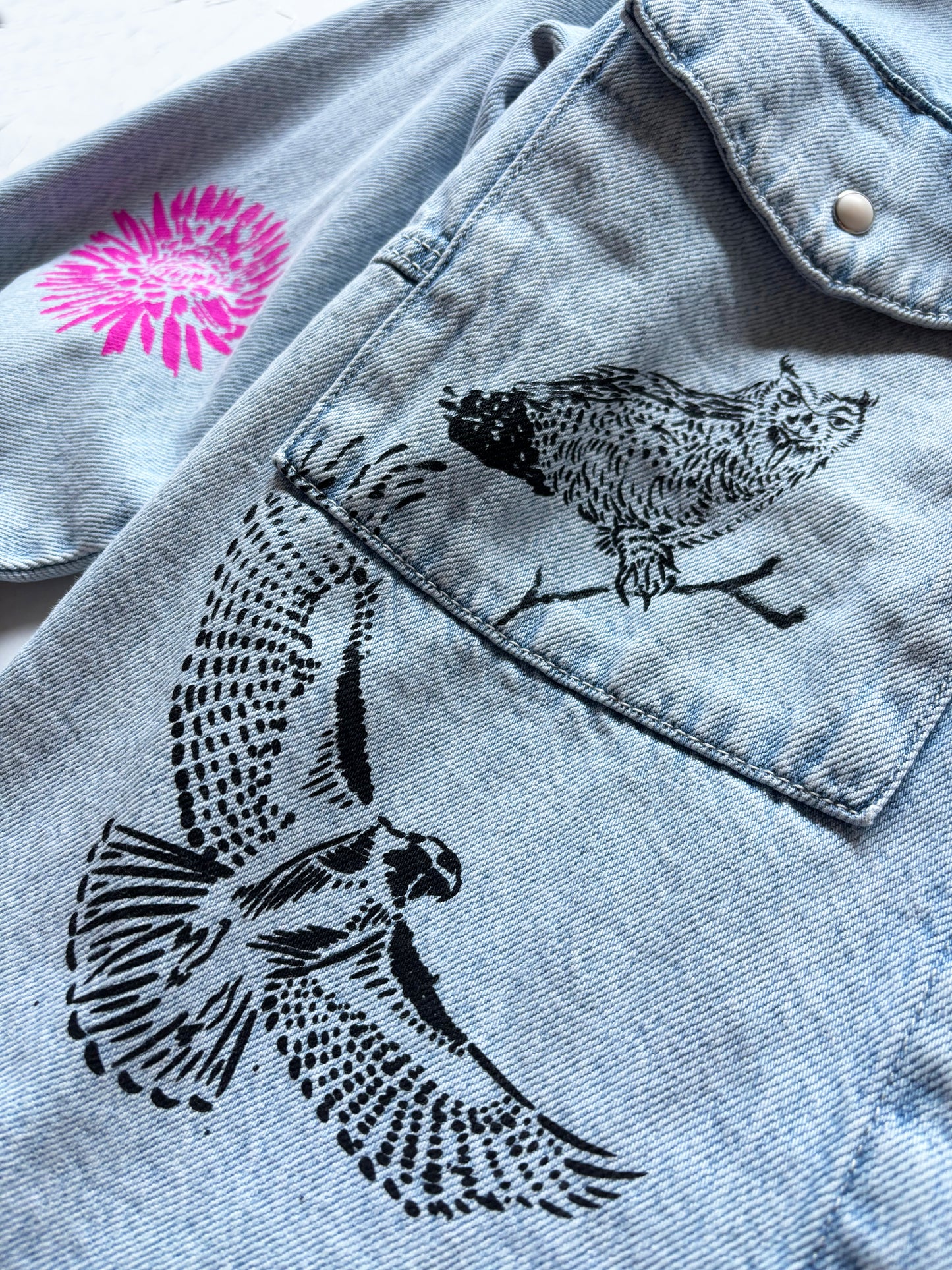 One of a Kind Upcycled Stone Wash Jean Jacket with Hand Printed Birds, Pink Flowers