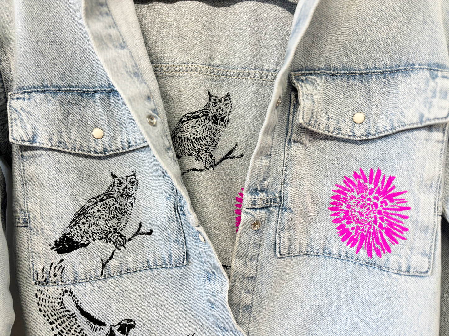 One of a Kind Upcycled Stone Wash Jean Jacket with Hand Printed Birds, Pink Flowers