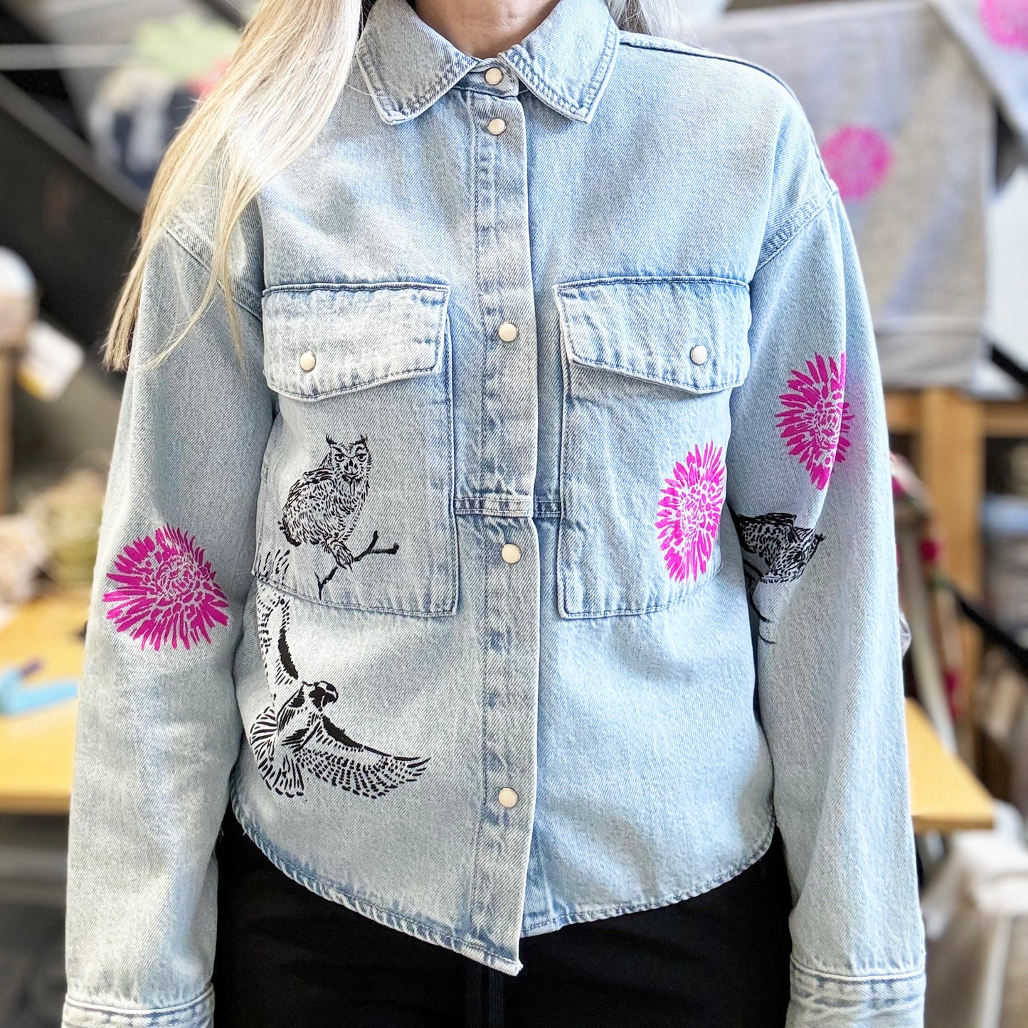 One of a Kind Upcycled Stone Wash Jean Jacket with Hand Printed Birds, Pink Flowers