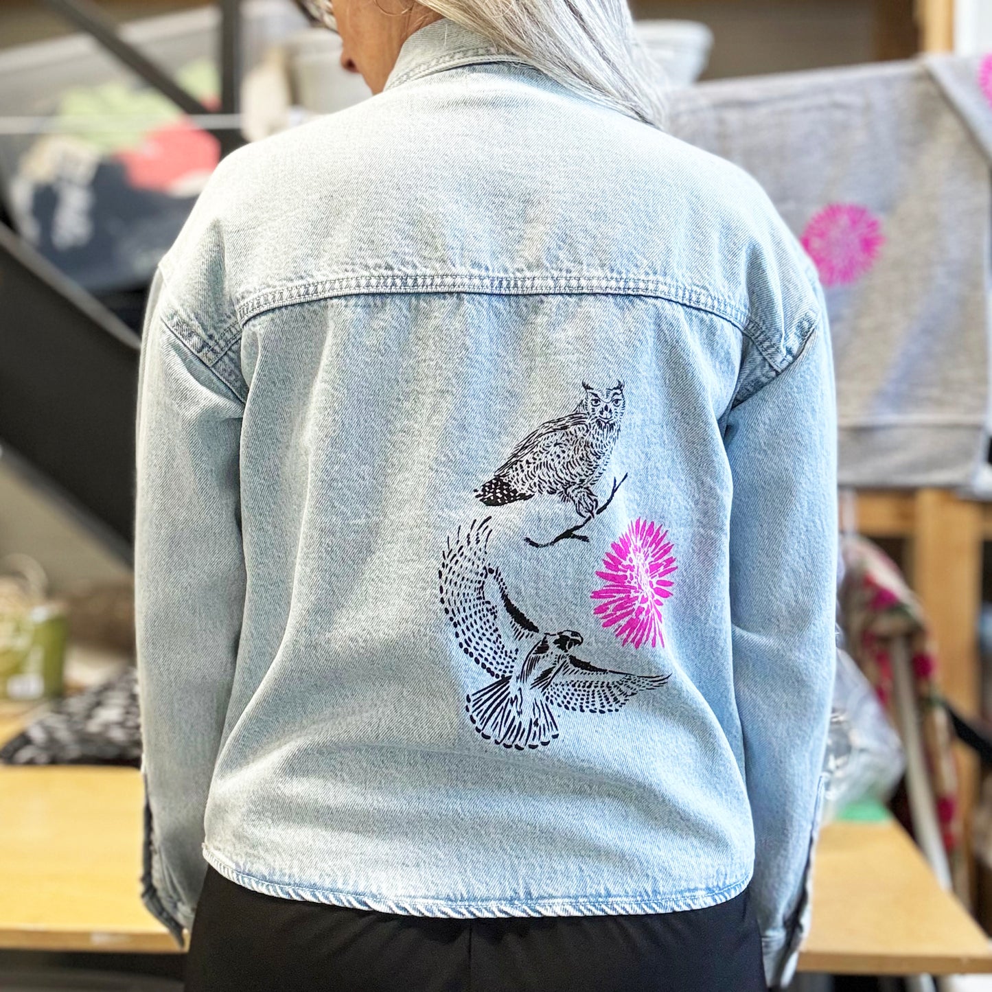 One of a Kind Upcycled Stone Wash Jean Jacket with Hand Printed Birds, Pink Flowers