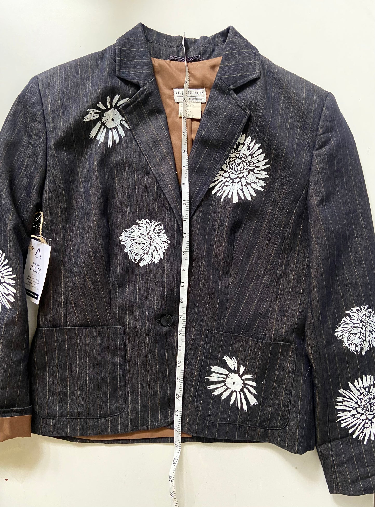 One of a Kind Hand Printed Flowers on Striped Blazer