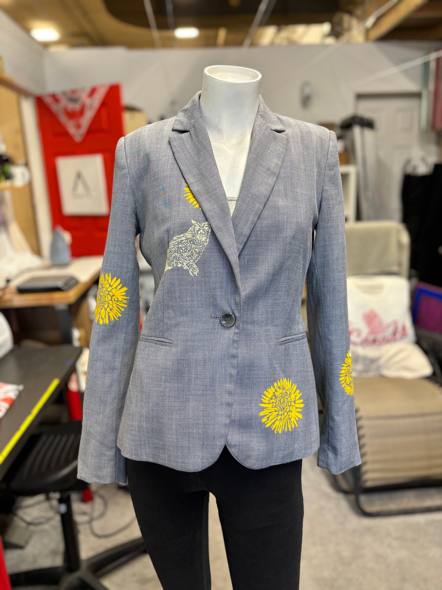 One of a Kind Upcycled Hand Printed Yellow Flowers and Owls on Grey/Blue Blazer