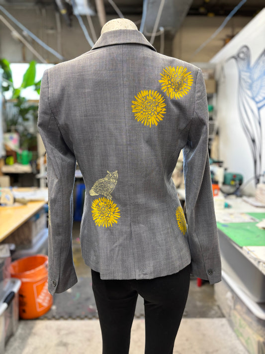 One of a Kind Upcycled Hand Printed Yellow Flowers and Owls on Grey/Blue Blazer