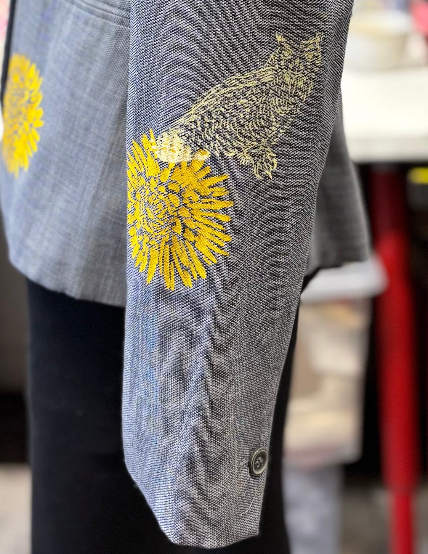 One of a Kind Upcycled Hand Printed Yellow Flowers and Owls on Grey/Blue Blazer