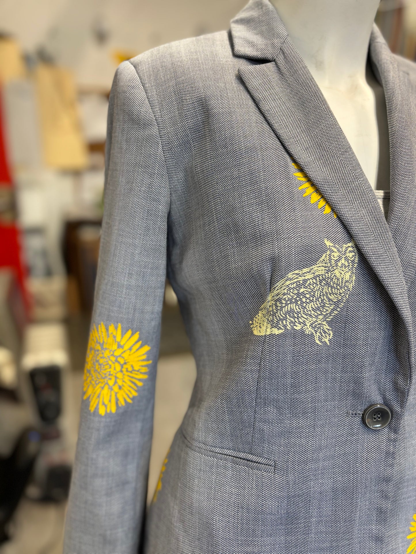 One of a Kind Upcycled Hand Printed Yellow Flowers and Owls on Grey/Blue Blazer