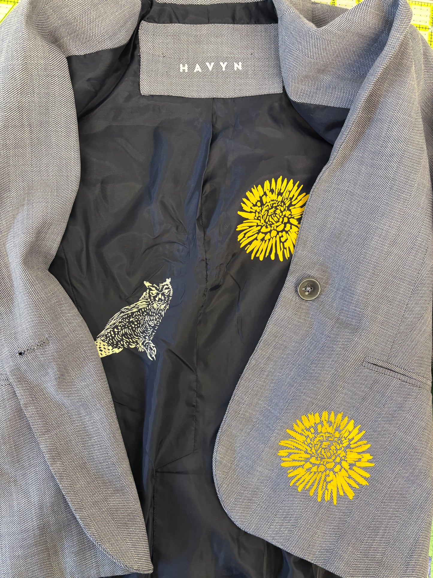 One of a Kind Upcycled Hand Printed Yellow Flowers and Owls on Grey/Blue Blazer
