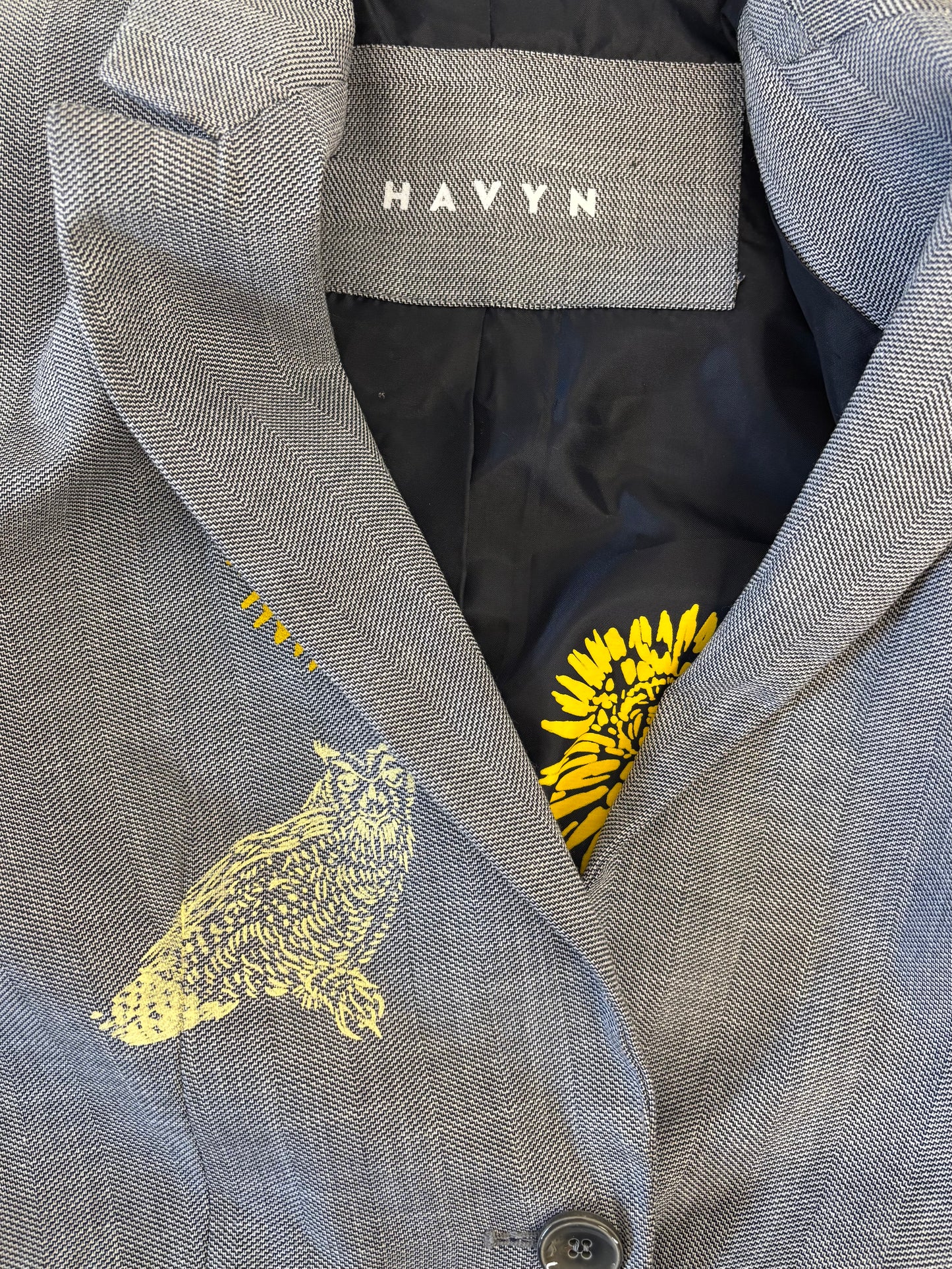 One of a Kind Upcycled Hand Printed Yellow Flowers and Owls on Grey/Blue Blazer