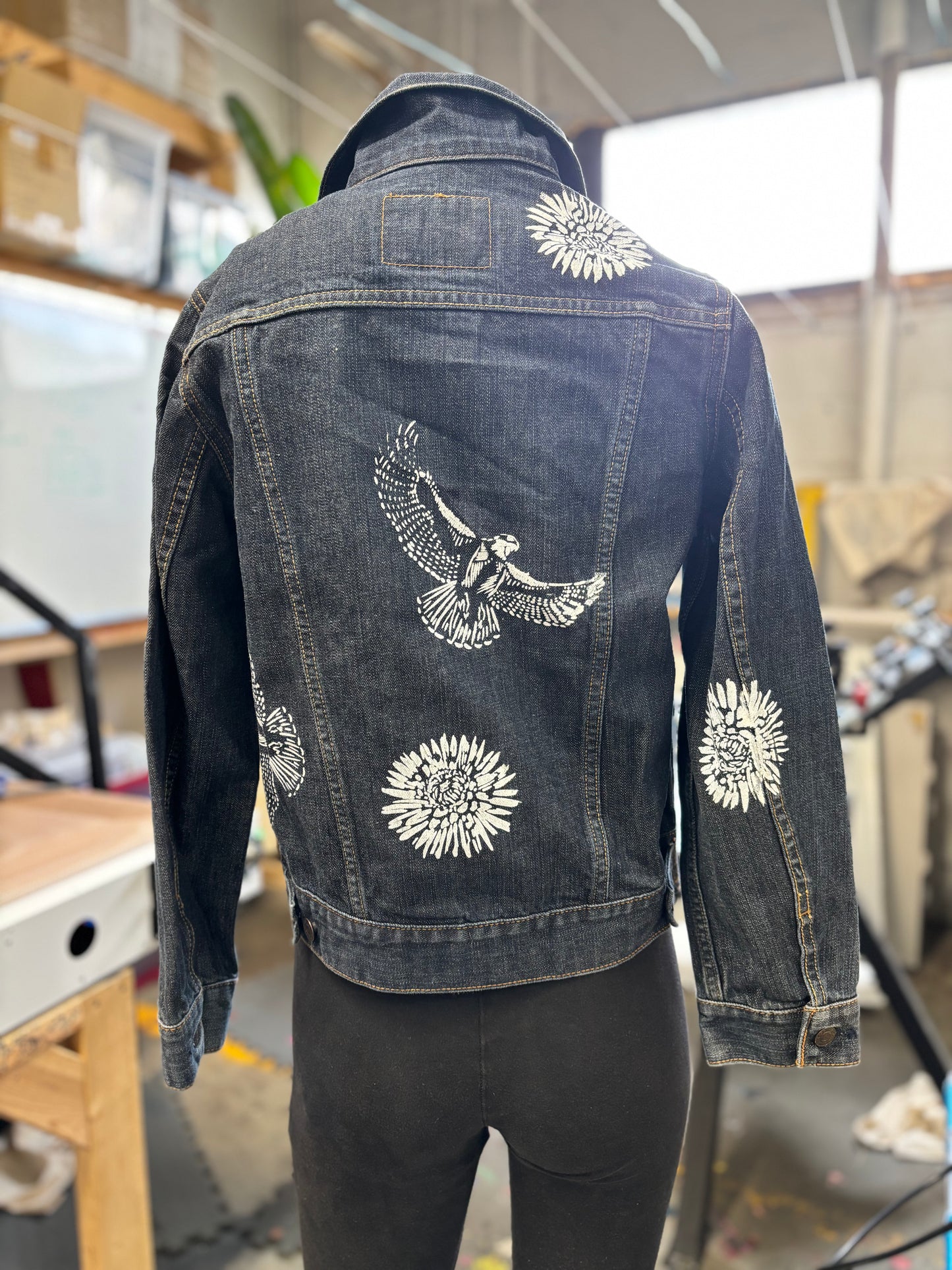 One of a Kind Upcycled Denim Jacket with Hand Printed Flowers and Birds