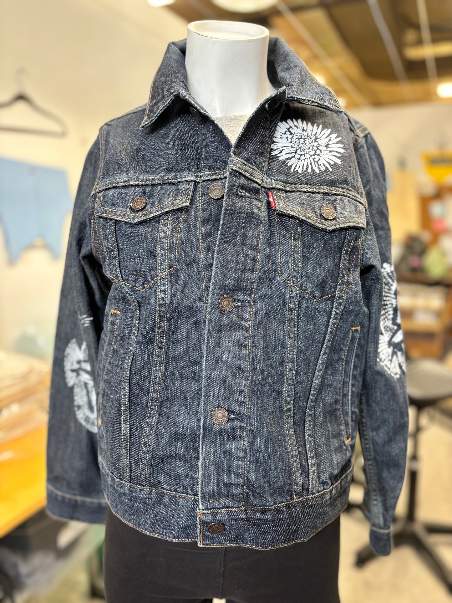 One of a Kind Upcycled Denim Jacket with Hand Printed Flowers and Birds