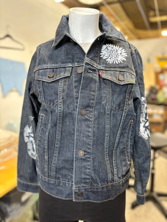 One of a Kind Upcycled Denim Jacket with Hand Printed Flowers and Birds