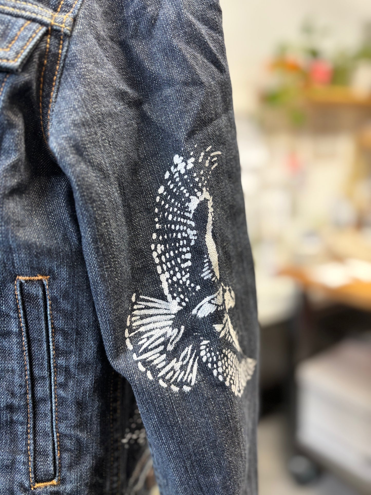 One of a Kind Upcycled Denim Jacket with Hand Printed Flowers and Birds