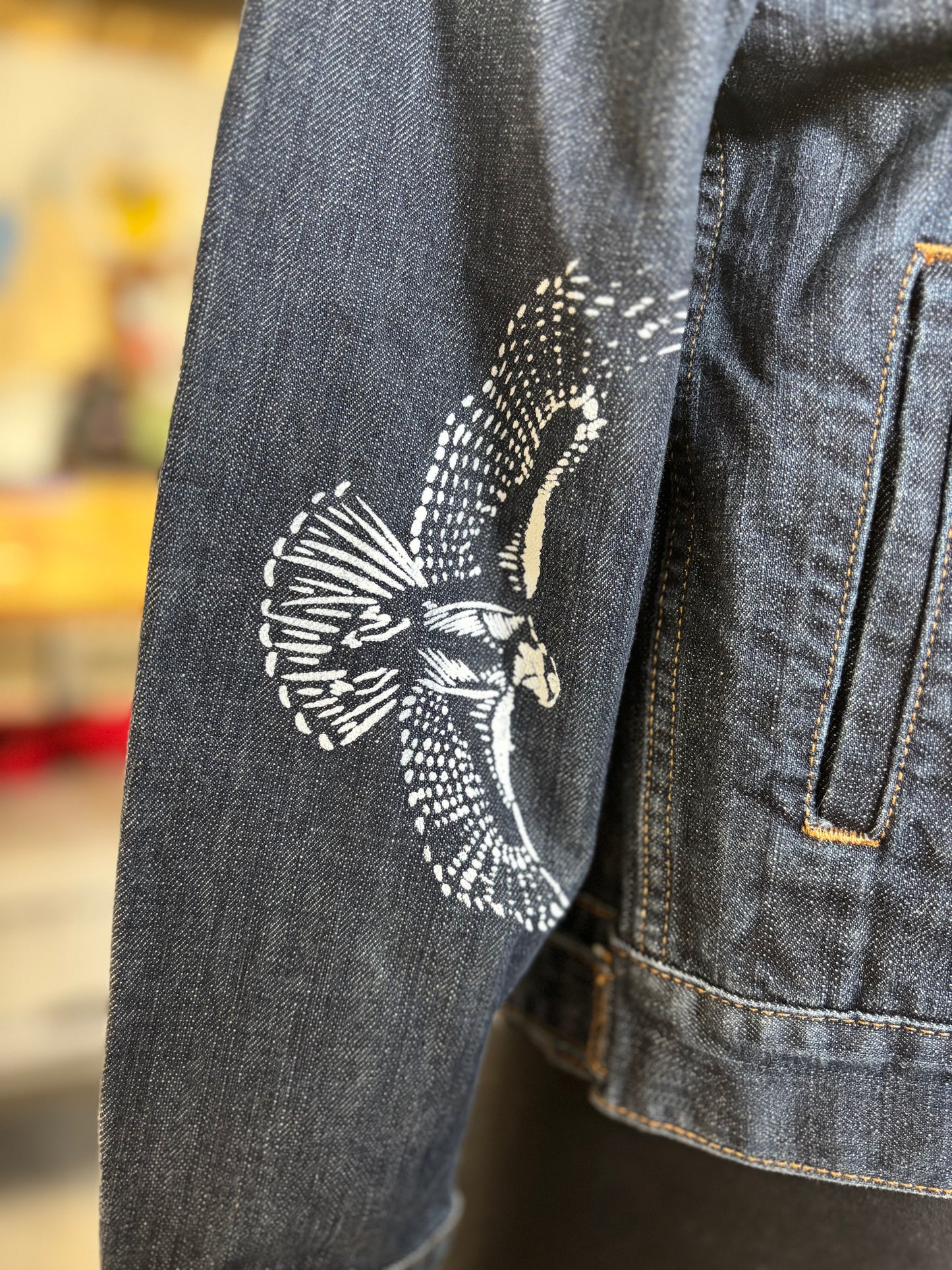 One of a Kind Upcycled Denim Jacket with Hand Printed Flowers and Birds