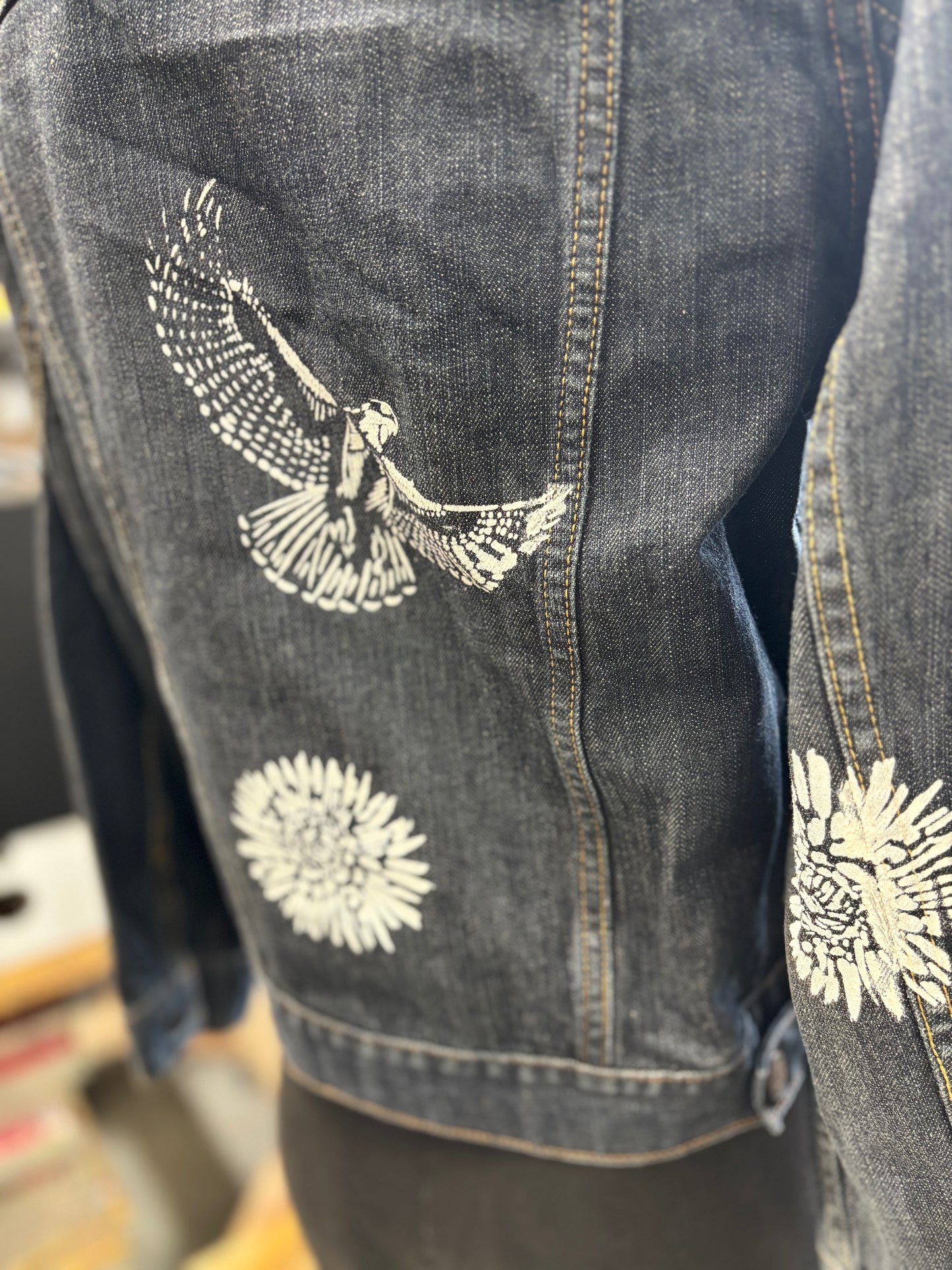 One of a Kind Upcycled Denim Jacket with Hand Printed Flowers and Birds