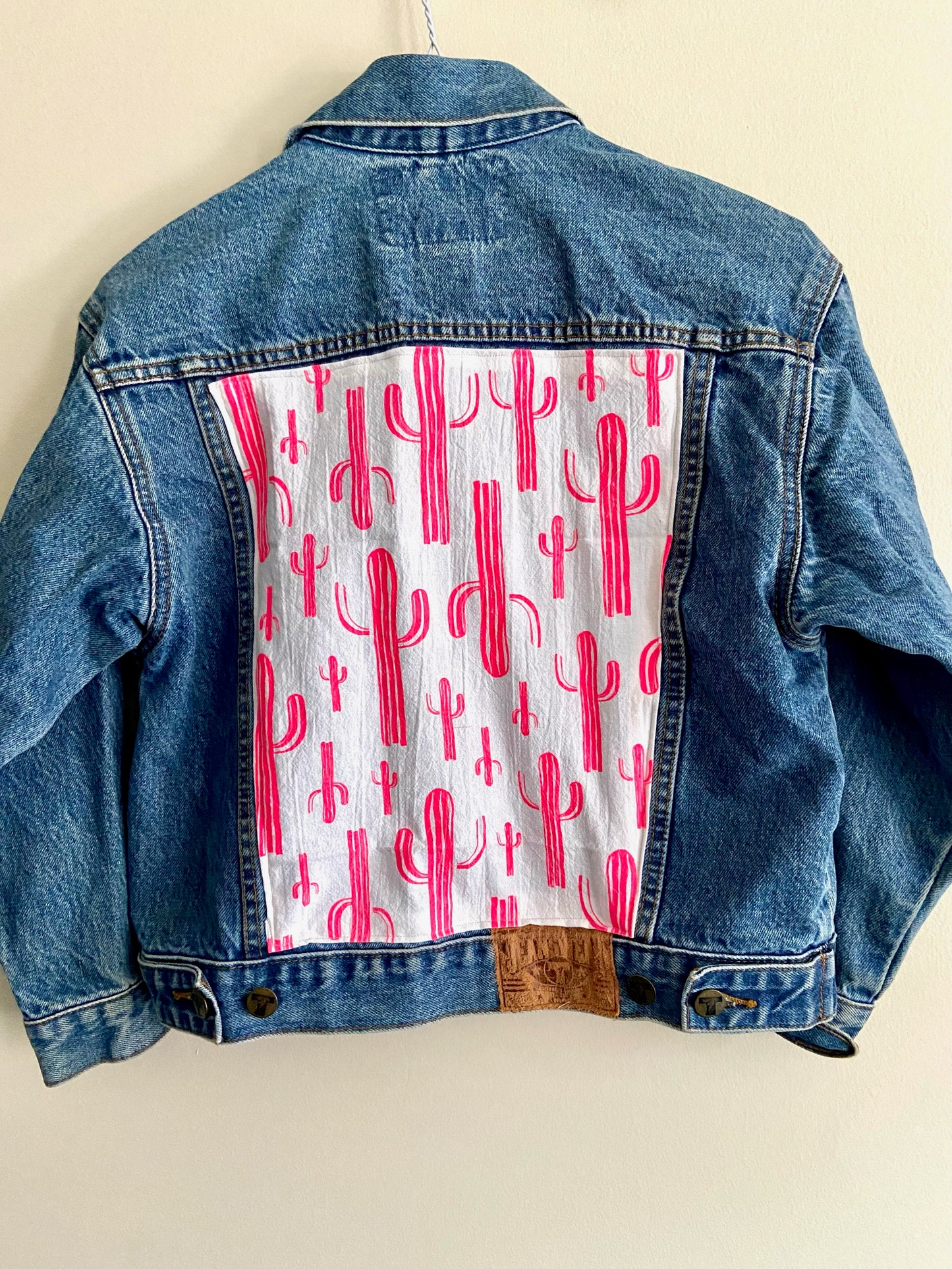 One of a Kind Upcycled KIDS Jean Jacket with Hand Printed Hot Pink Saguaro Cactus Cotton Fabric