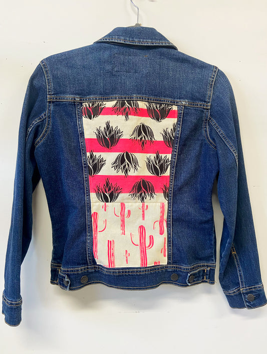 One of a Kind Upcycled Jean with Hand Printed Pink Agave Cactus Cotton Fabric