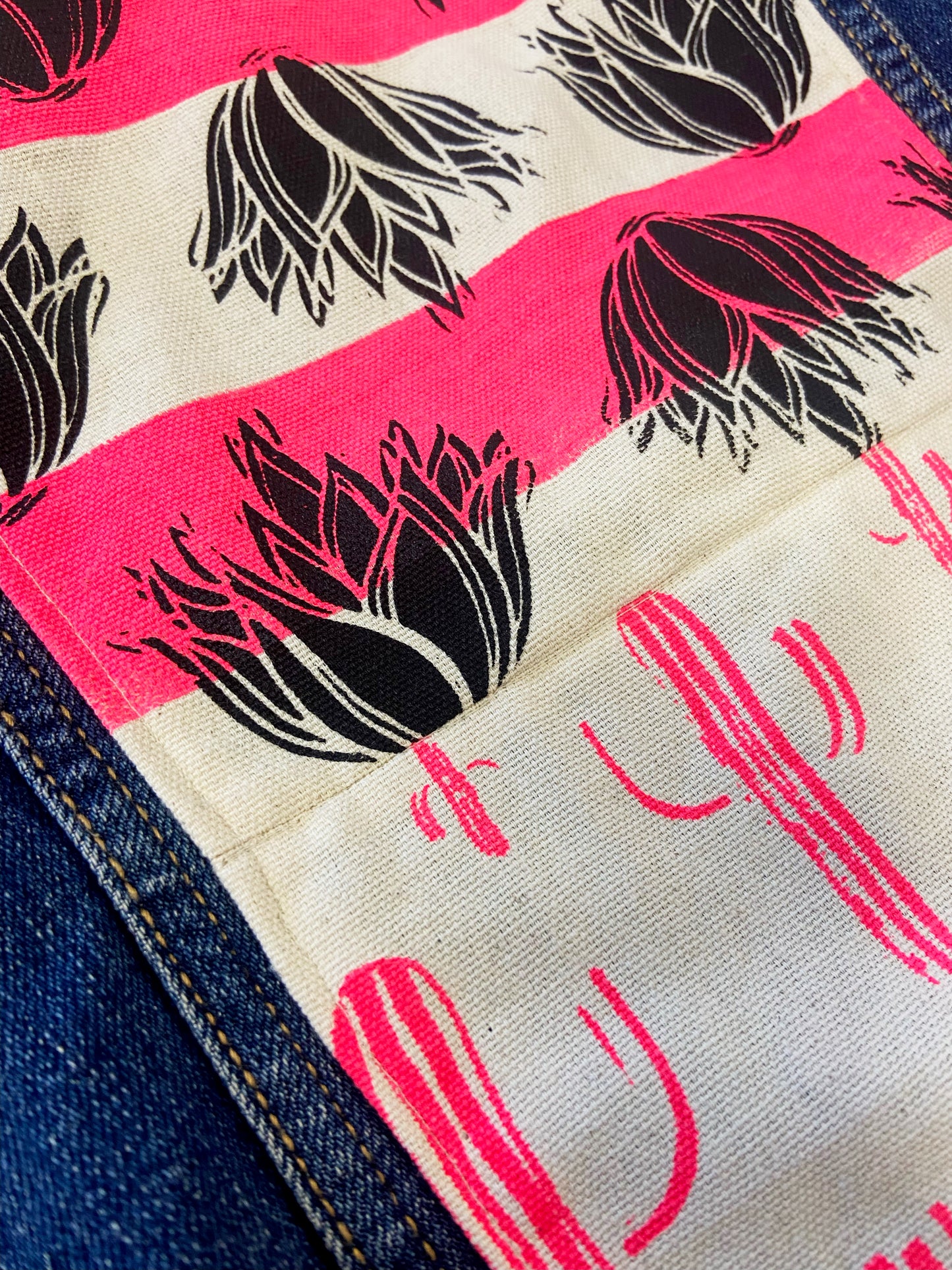 One of a Kind Upcycled Jean with Hand Printed Pink Agave Cactus Cotton Fabric