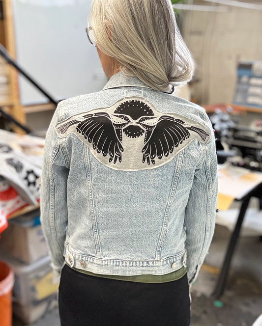 One of a Kind Upcycled Denim Jacket with Hand Printed Symmetrical Birds
