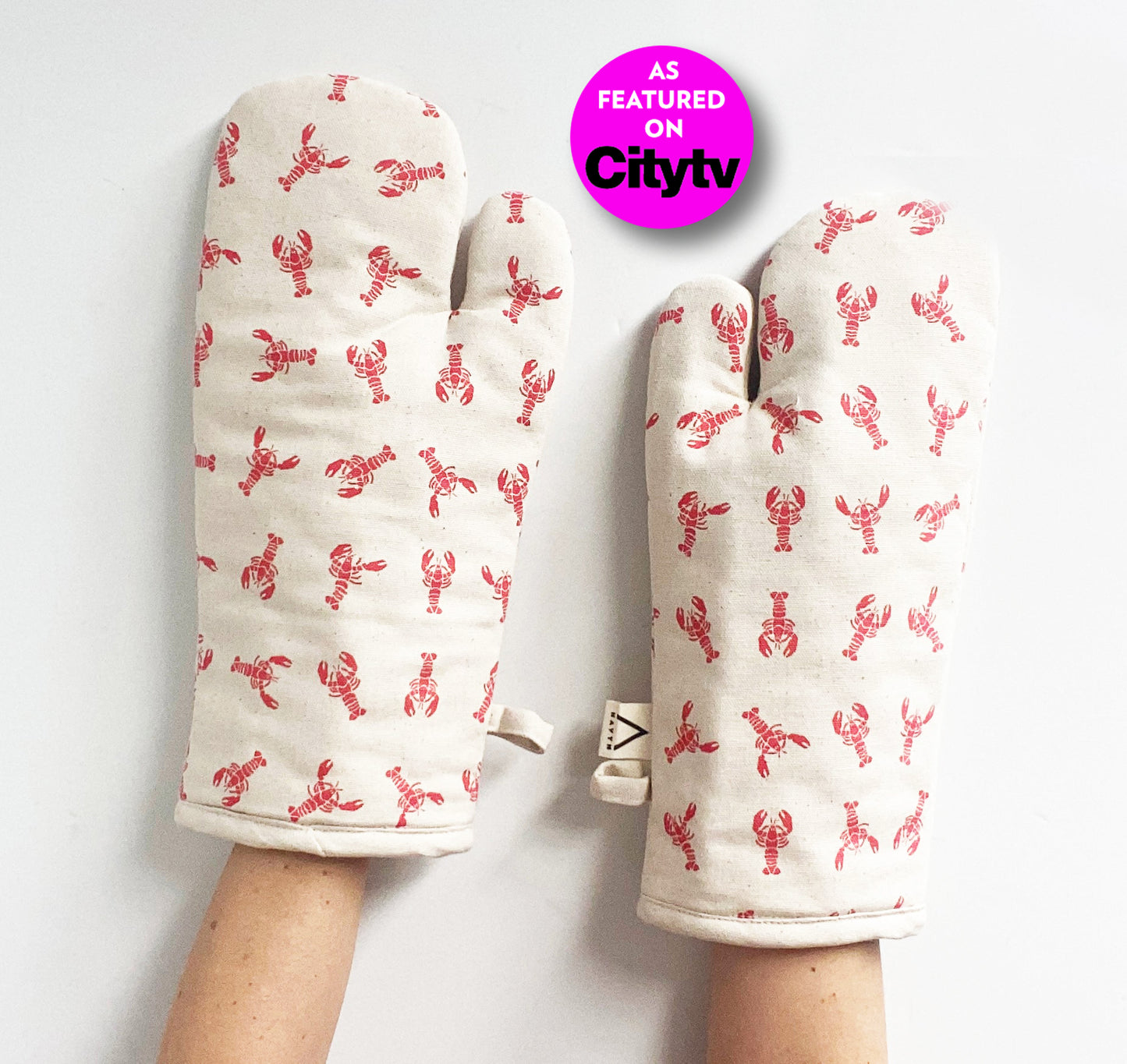Oven Mitts Set - Lobster Pattern - Natural Cotton Canvas