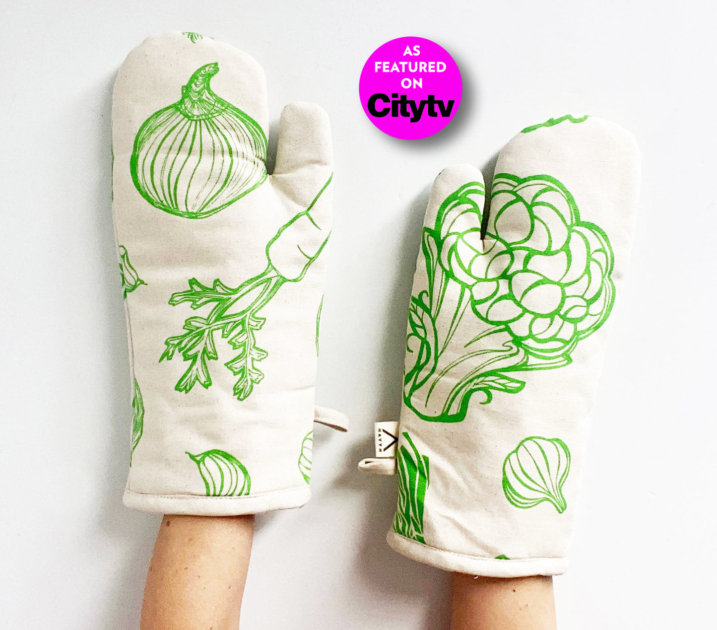 Oven Mitts Set - Large Veggies Pattern - Natural Cotton Canvas
