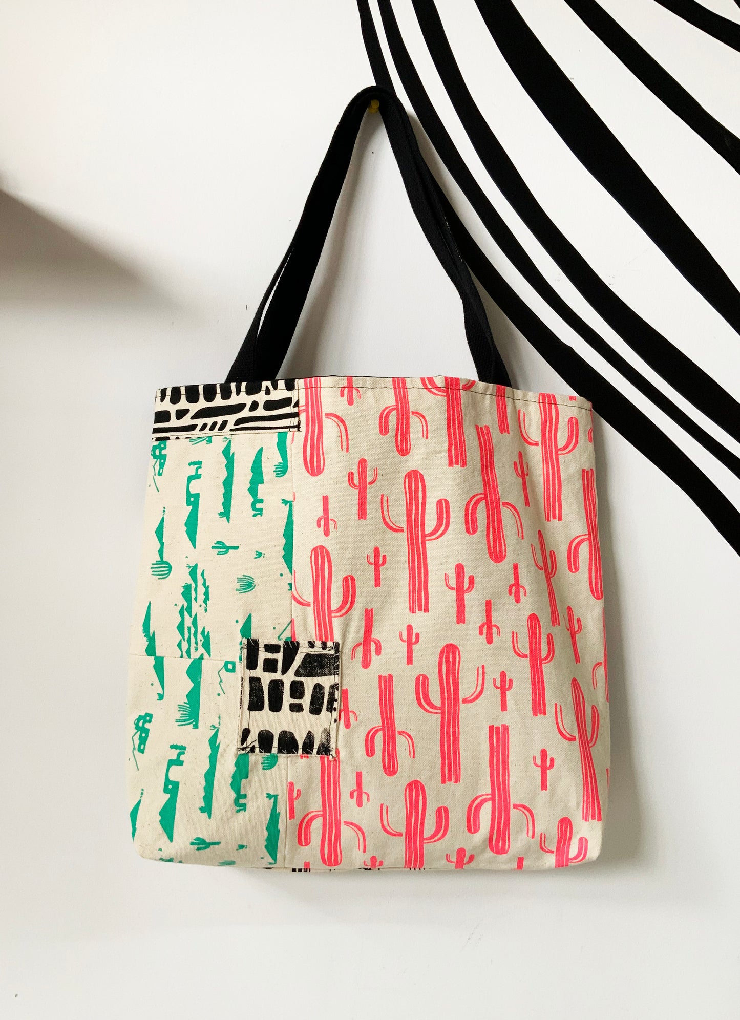 One of a Kind Tote Bag | Hand Made and Printed | Cactus Pink Black - 03