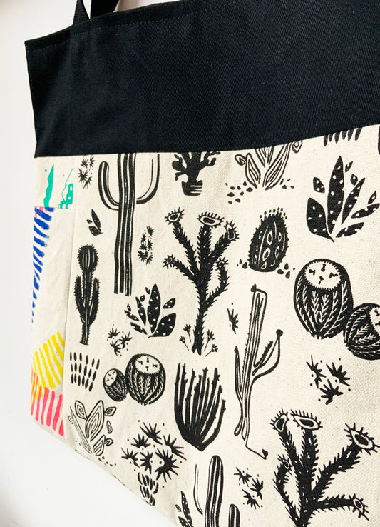 One of a Kind Tote Bag | Hand Made and Printed | Cactus Pink Black - 03