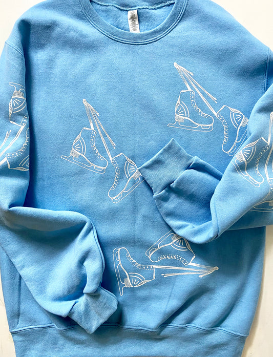 One of a Kind Hand Printed Ice Skates on Blue Crew Neck Sweatshirt
