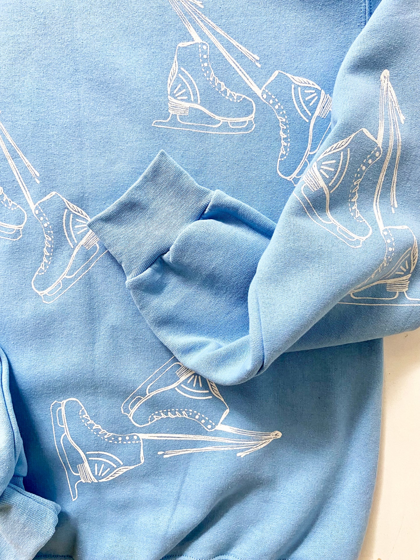 One of a Kind Hand Printed Ice Skates on Blue Crew Neck Sweatshirt