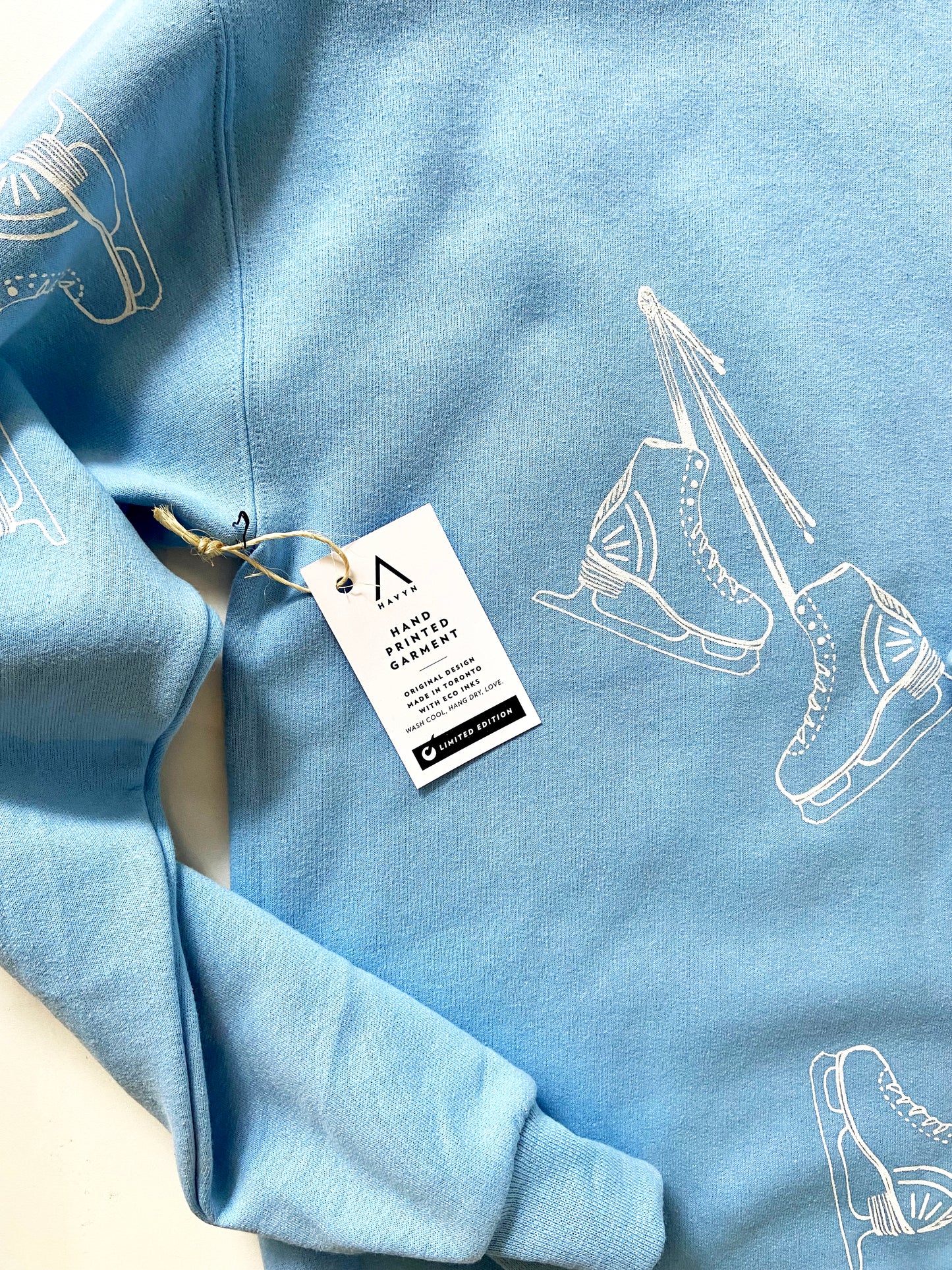 One of a Kind Hand Printed Ice Skates on Blue Crew Neck Sweatshirt
