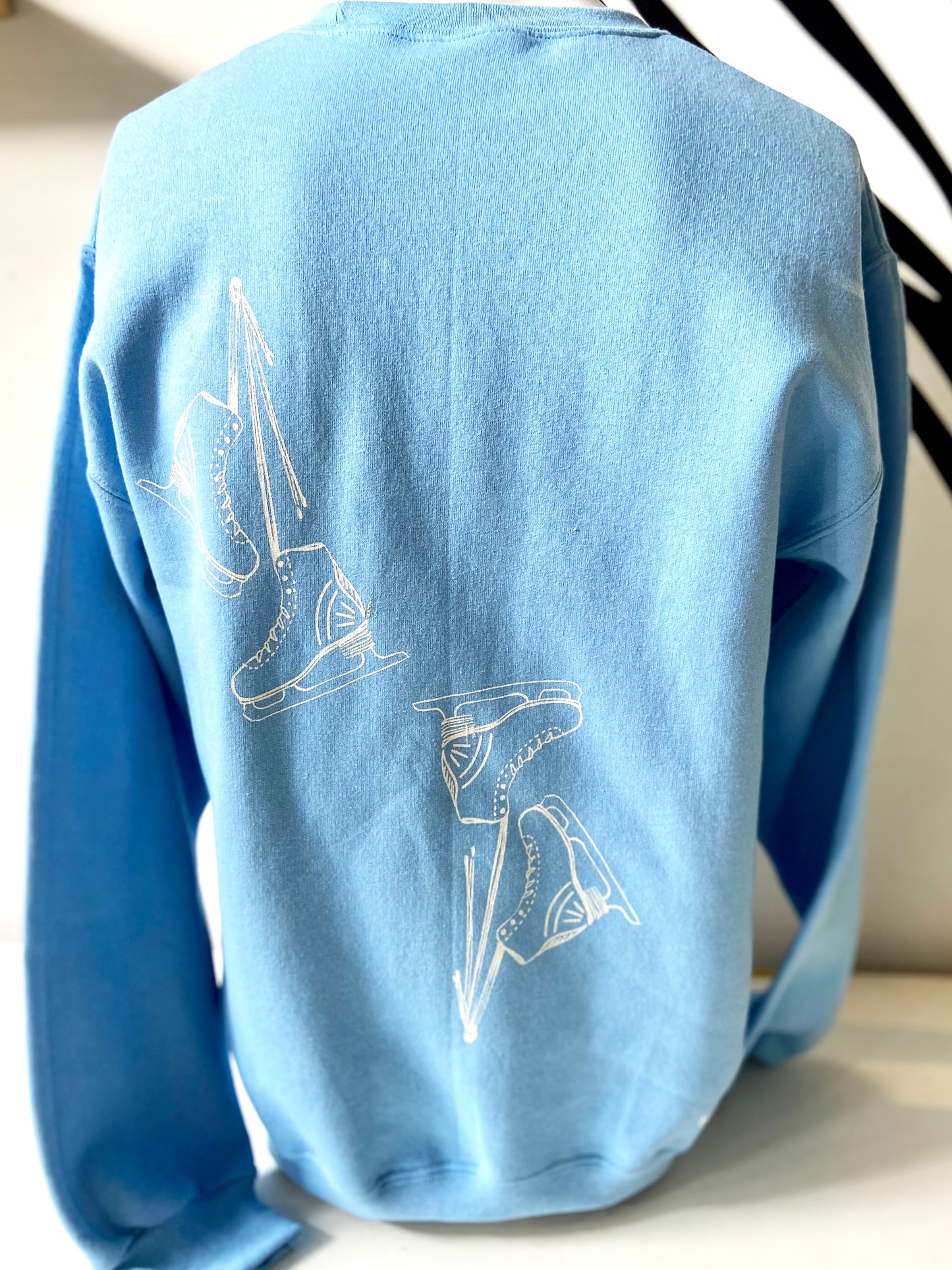 One of a Kind Hand Printed Ice Skates on Blue Crew Neck Sweatshirt