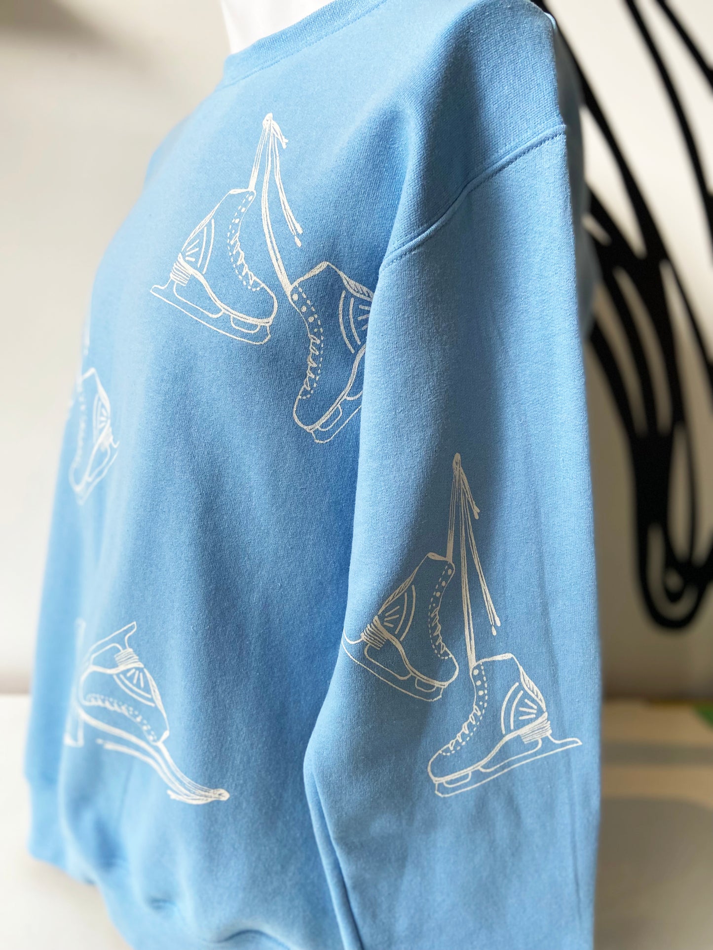 One of a Kind Hand Printed Ice Skates on Blue Crew Neck Sweatshirt